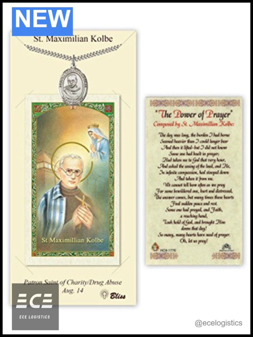 Saint Maximilian Kolbe Medal Pendant Necklace Stainless Silver Curb Chain 24